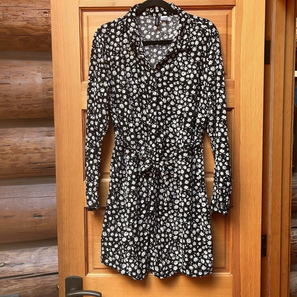 H&M Divided Womens XL Black Daisy Floral Button Up Shirt Mini Dress Tie Cottage